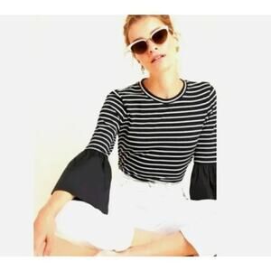Anthropologie Top Womens Medium Adele Striped Bell Sleeve Blouse Black White